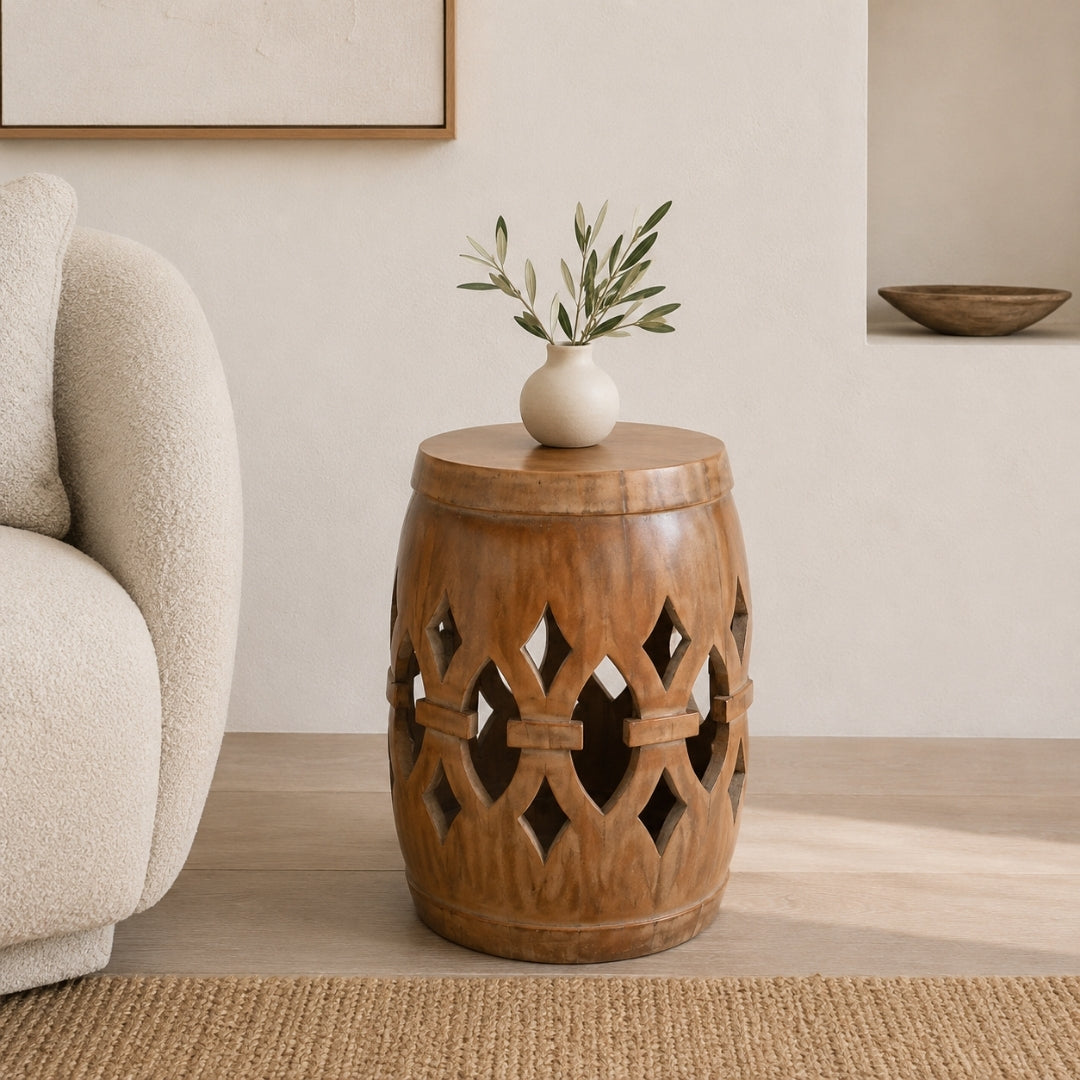 Carved Wooden Drum Table