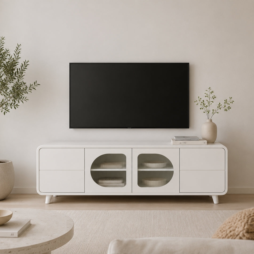 Modern White Capsule TV Unit with Fluted Glass Doors