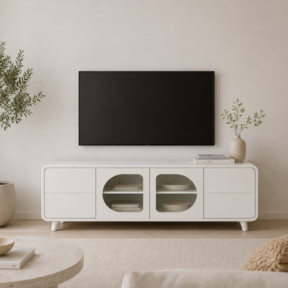 Modern White Capsule TV Unit with Fluted Glass Doors