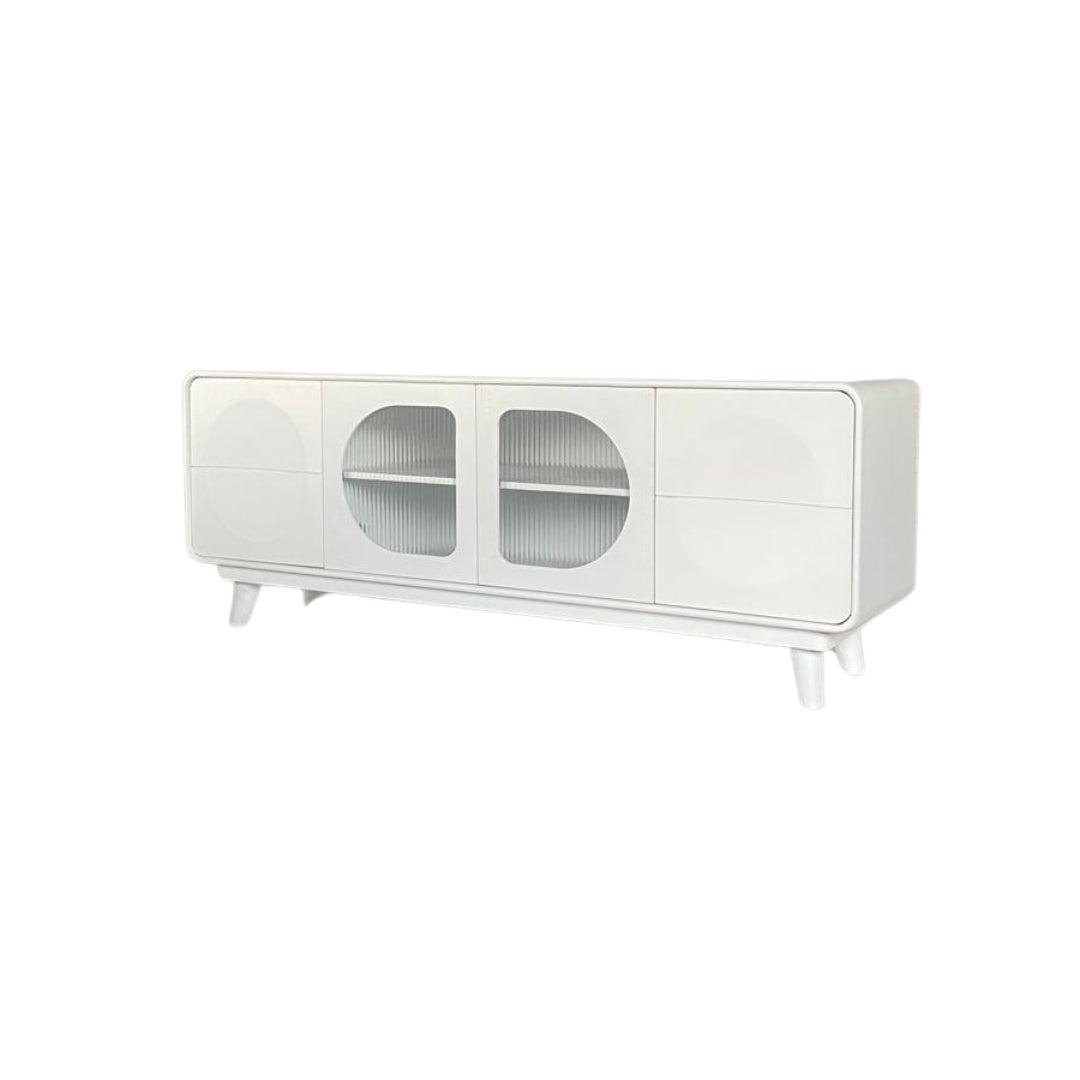 Modern White Capsule TV Unit with Fluted Glass Doors