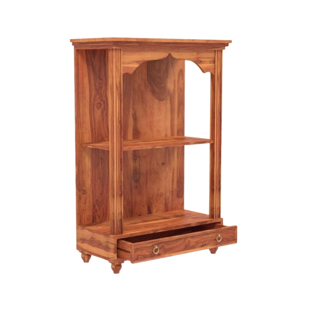antique wooden temple for home with drawer storage, solid wood mandir with Ganesh idol setup