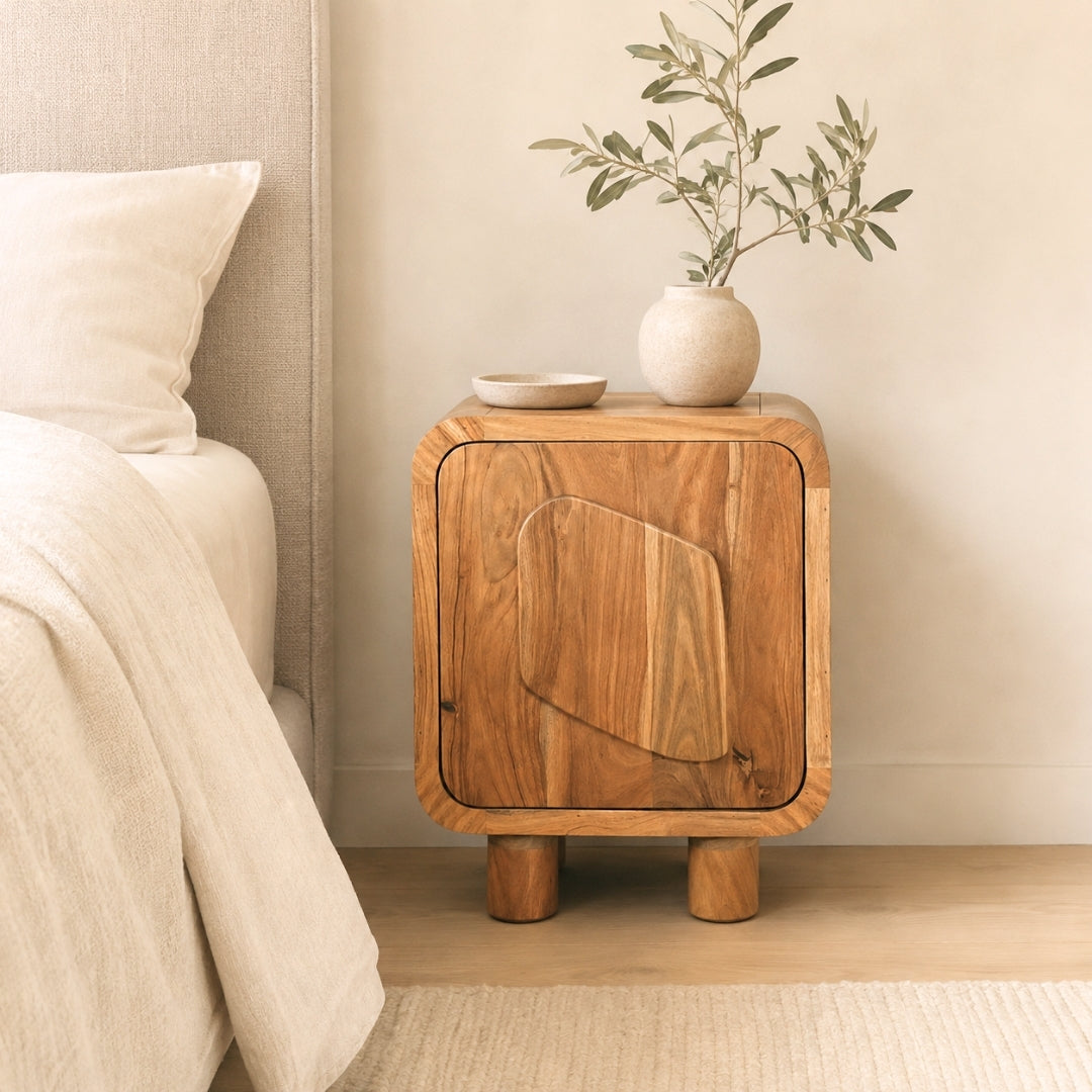 Modern Solid Wood Bedside Table with Sculpted Door
