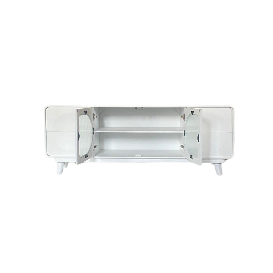 Modern White Capsule TV Unit with Fluted Glass Doors
