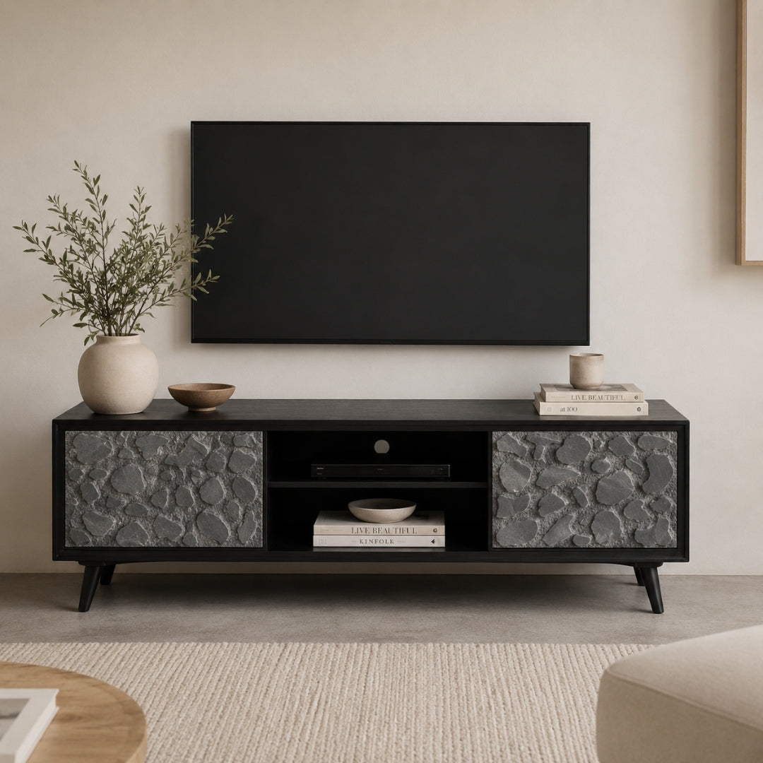 Modern Black TV Unit with Natural Stone design Doors