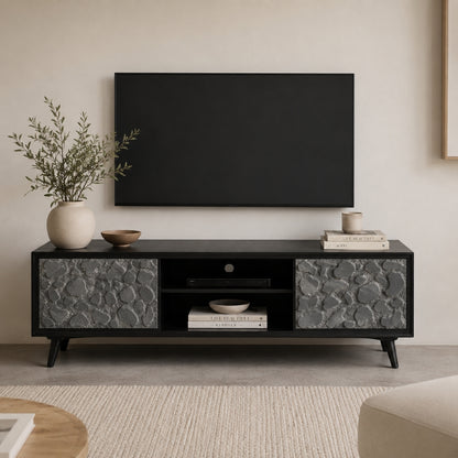 Modern Black TV Unit with Natural Stone design Doors