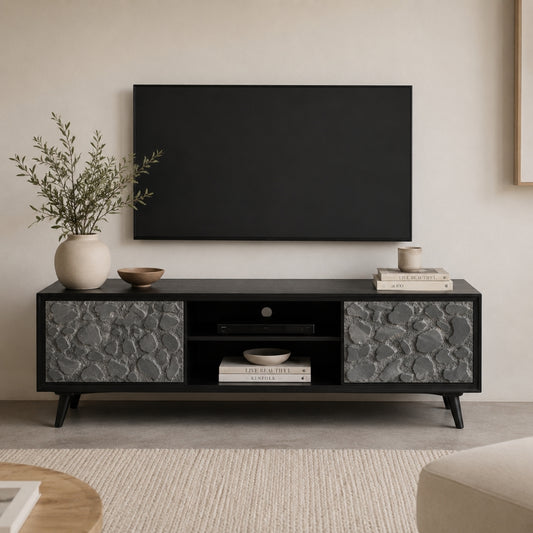 Modern Black TV Unit with Natural Stone design Doors