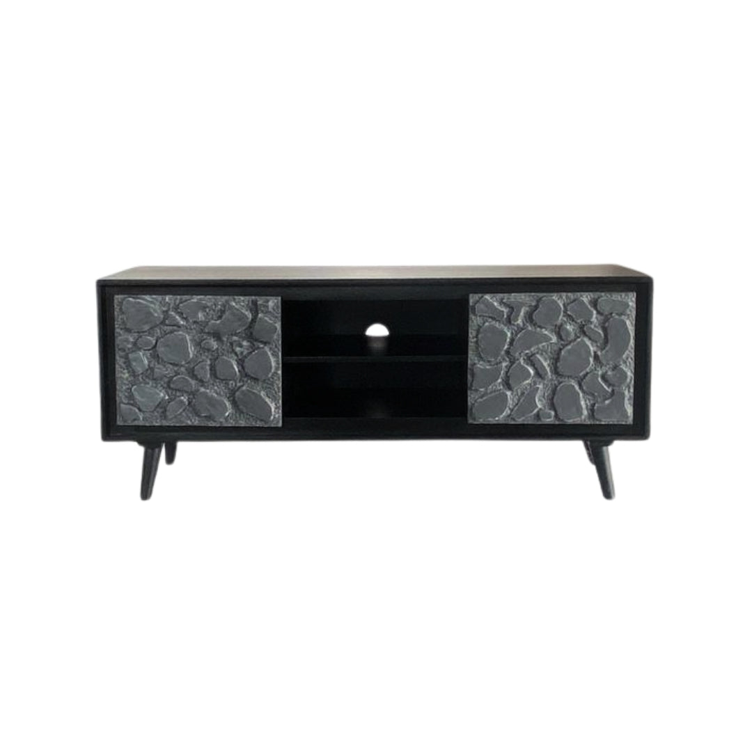Modern Black TV Unit with Natural Stone design Doors