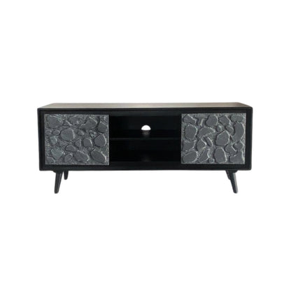 Modern Black TV Unit with Natural Stone design Doors