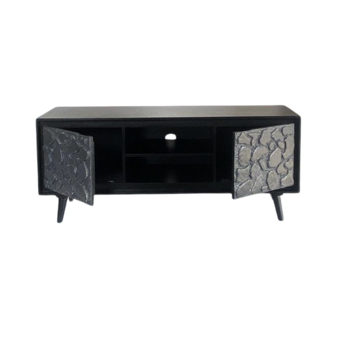Modern Black TV Unit with Natural Stone design Doors