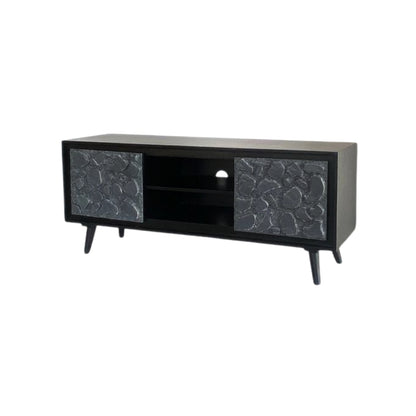 Modern Black TV Unit with Natural Stone design Doors