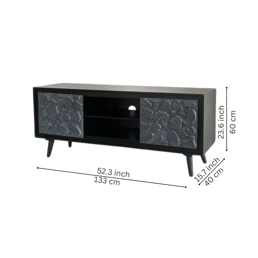 Modern Black TV Unit with Natural Stone design Doors