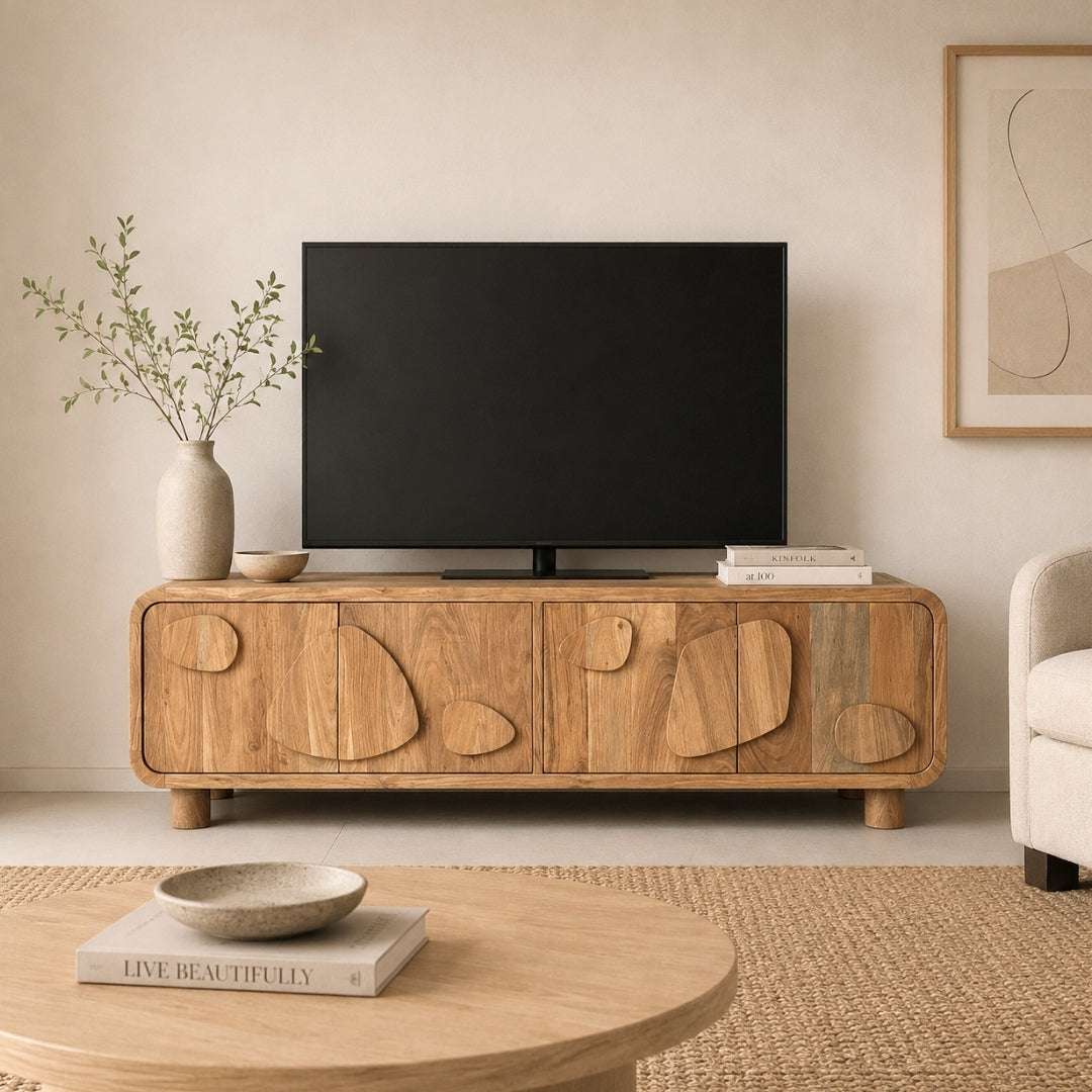 Organic Wooden TV Unit with Abstract Pebble Accents