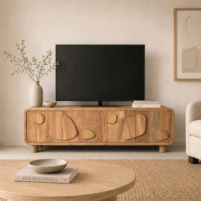Organic Wooden TV Unit with Abstract Pebble Accents