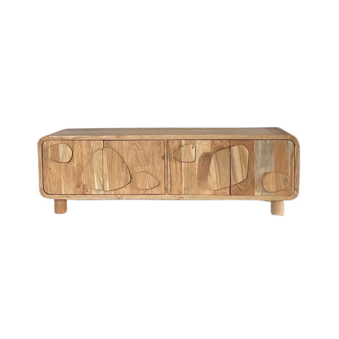 Organic Wooden TV Unit with Abstract Pebble Accents
