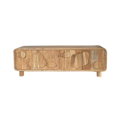 Organic Wooden TV Unit with Abstract Pebble Accents