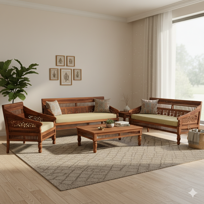 Indian Hub Handcrafted Wooden Sofa Set in 3+2+1 Seating