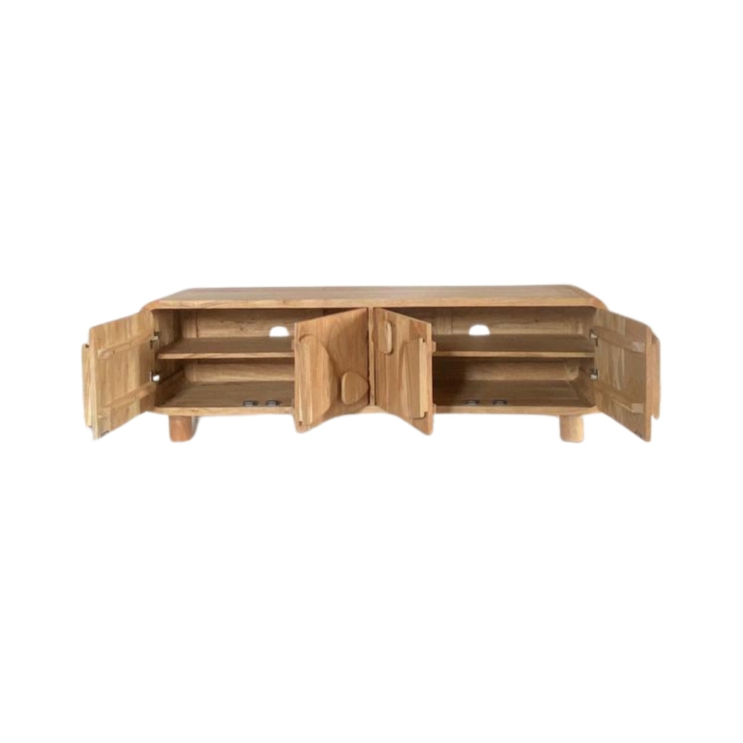 Organic Wooden TV Unit with Abstract Pebble Accents
