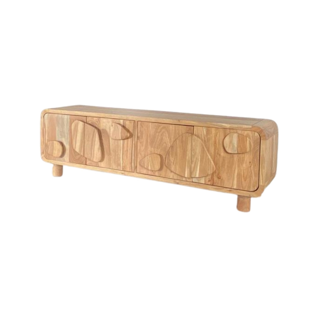 Organic Wooden TV Unit with Abstract Pebble Accents