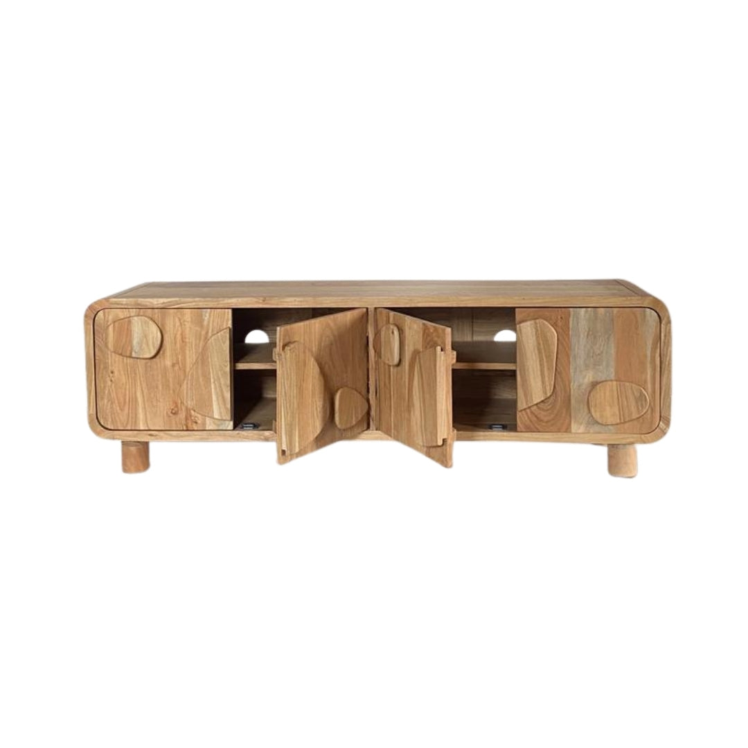 Organic Wooden TV Unit with Abstract Pebble Accents