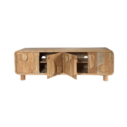 Organic Wooden TV Unit with Abstract Pebble Accents