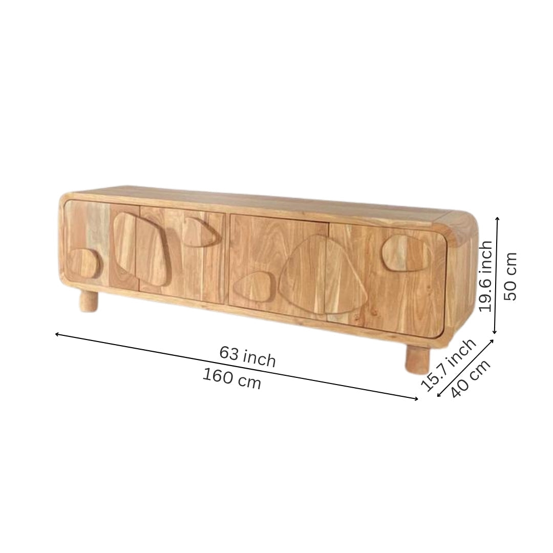 Organic Wooden TV Unit with Abstract Pebble Accents