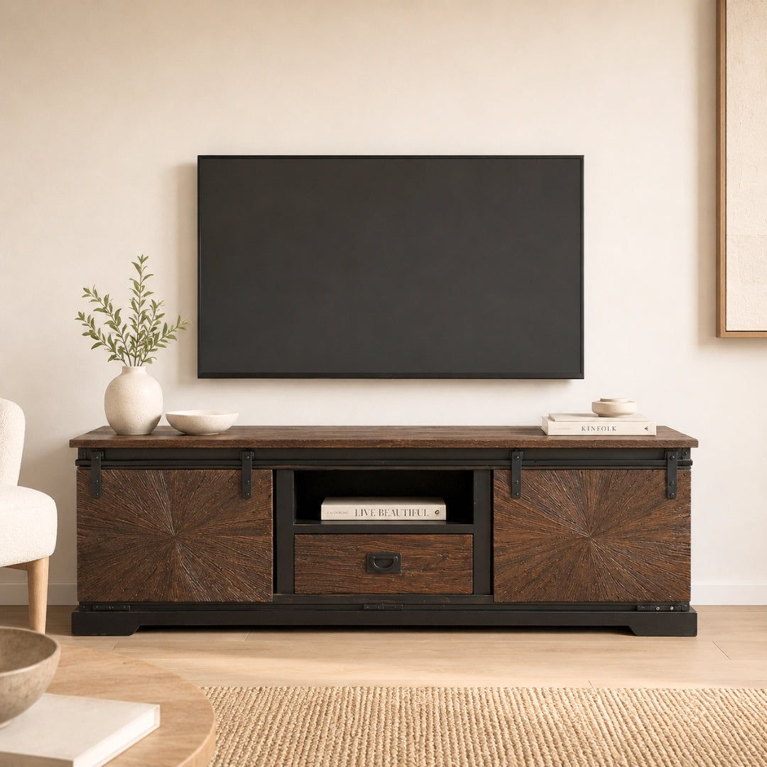Rustic Sunburst Carved TV Unit with Sliding Barn Doors