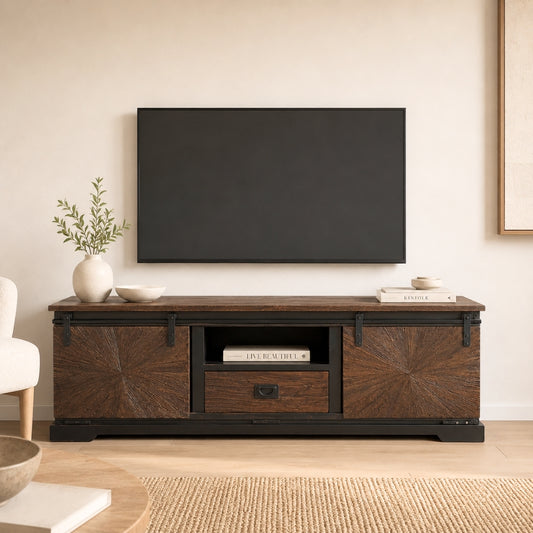 Rustic Sunburst Carved TV Unit with Sliding Barn Doors
