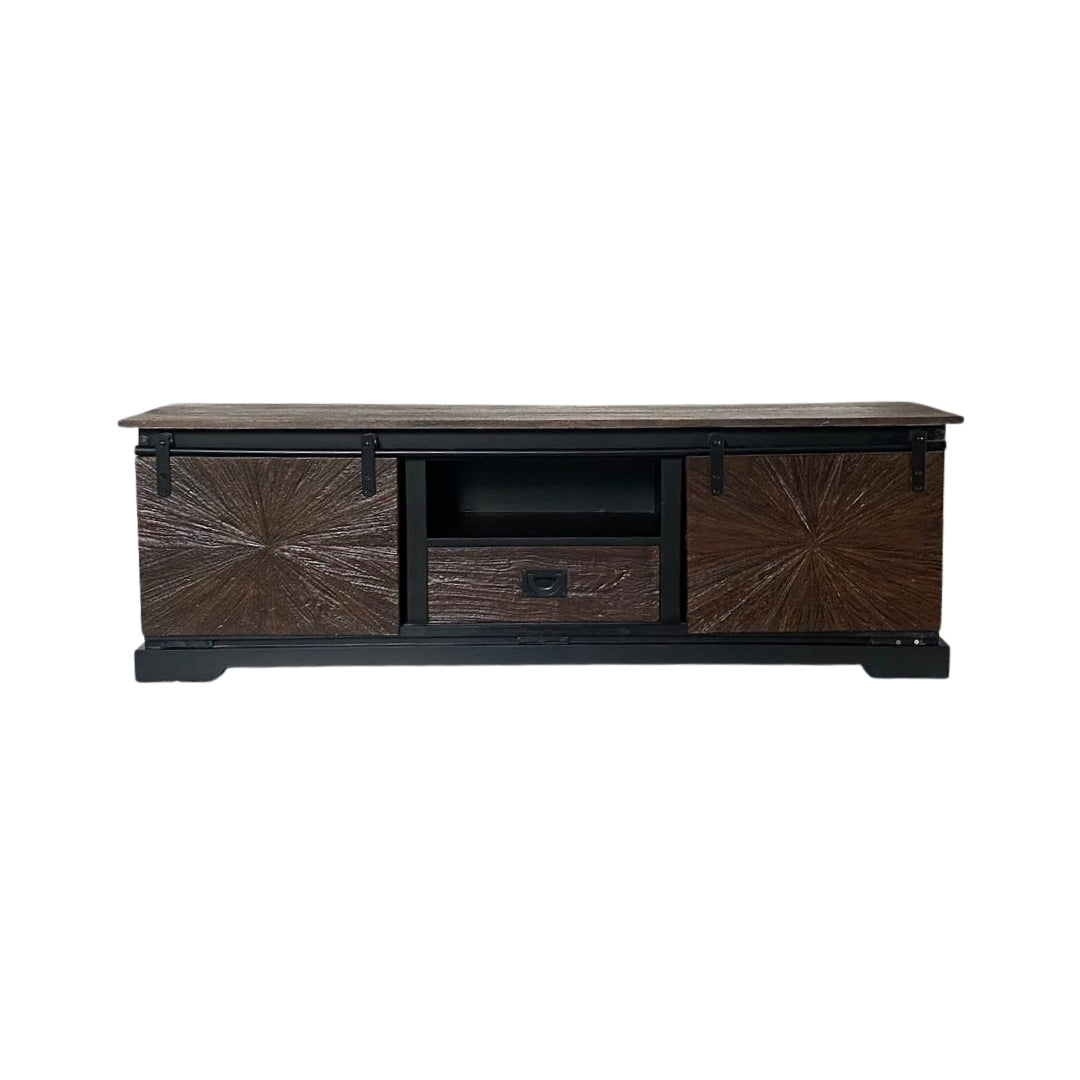 Rustic Sunburst Carved TV Unit with Sliding Barn Doors