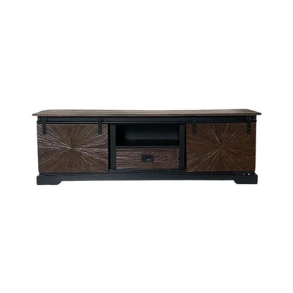 Rustic Sunburst Carved TV Unit with Sliding Barn Doors