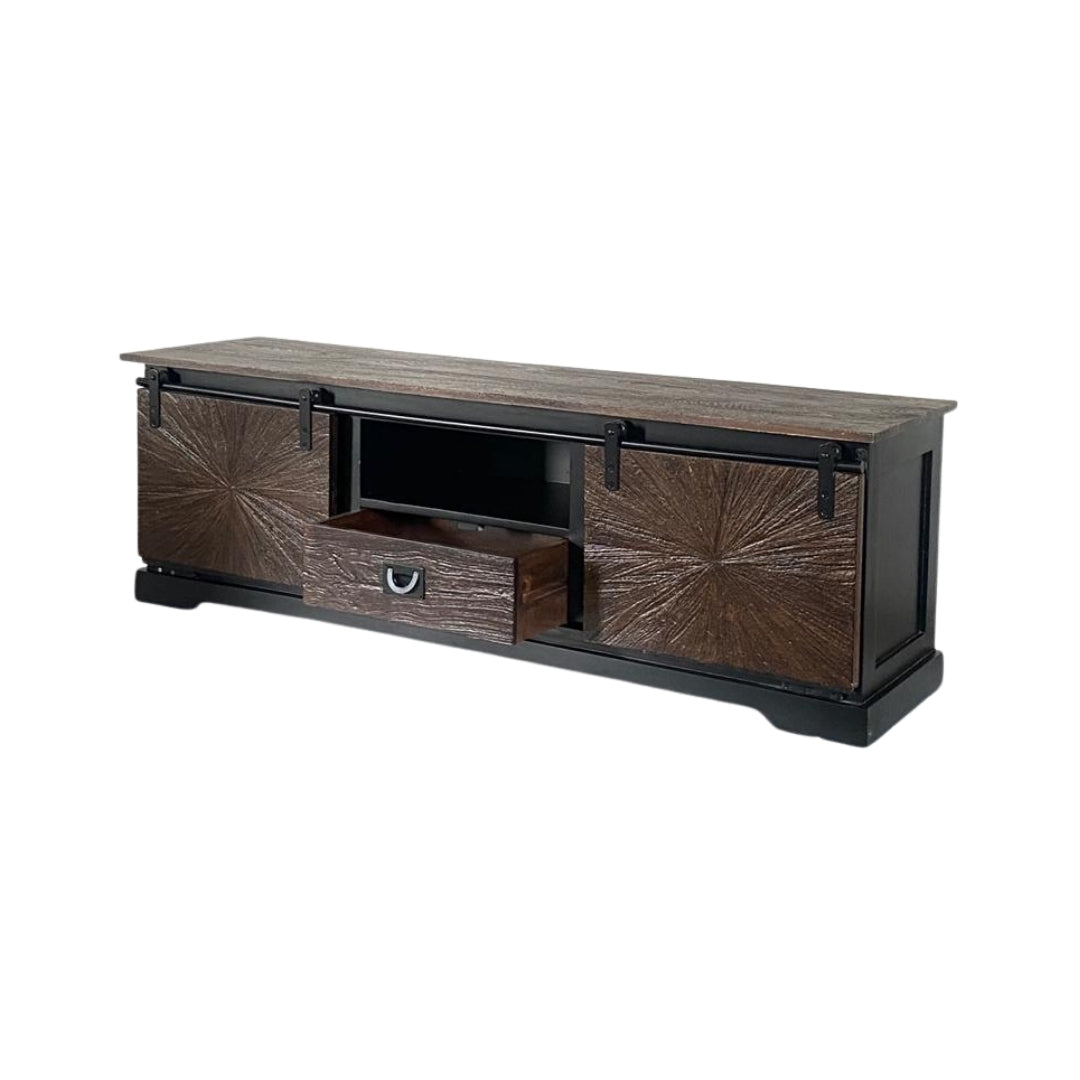 Rustic Sunburst Carved TV Unit with Sliding Barn Doors