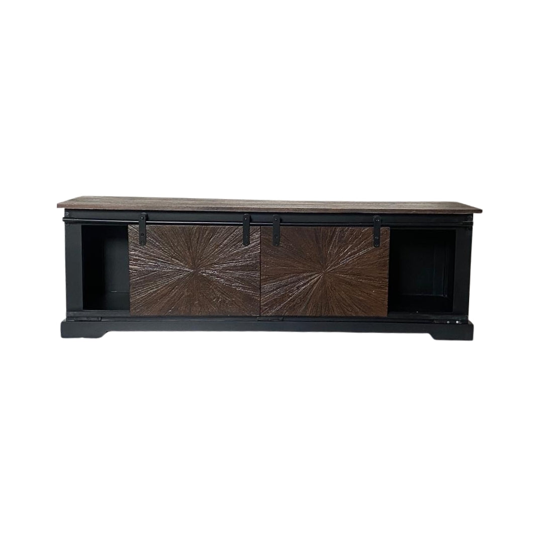 Rustic Sunburst Carved TV Unit with Sliding Barn Doors