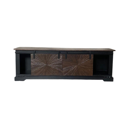 Rustic Sunburst Carved TV Unit with Sliding Barn Doors