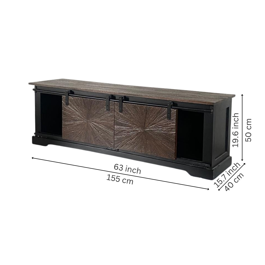 Rustic Sunburst Carved TV Unit with Sliding Barn Doors