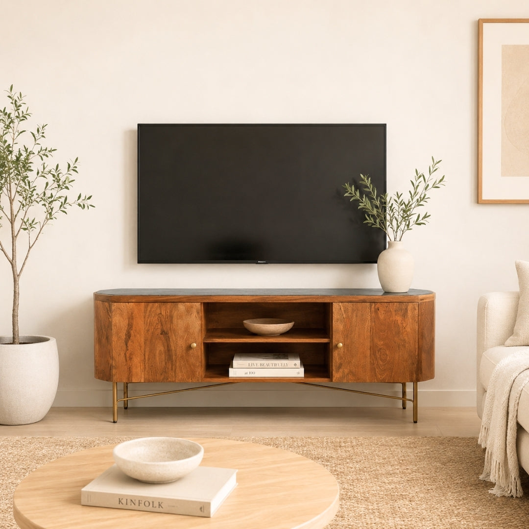 Modern Capsule Wooden TV Unit with granite Top and Gold Legs