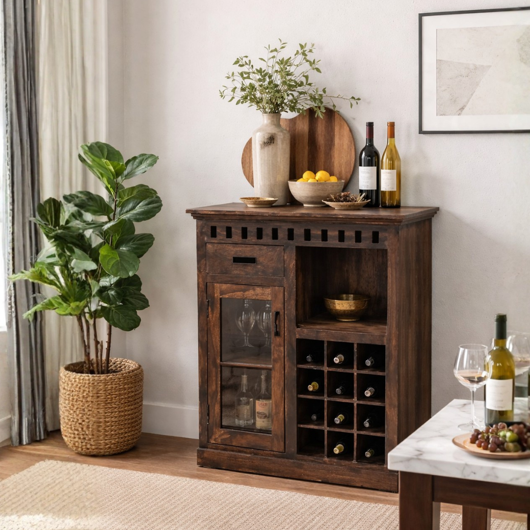 Modern mini bar cabinet with wooden finish, wine bottle storage, glass door, shelves, and home bar storage design.