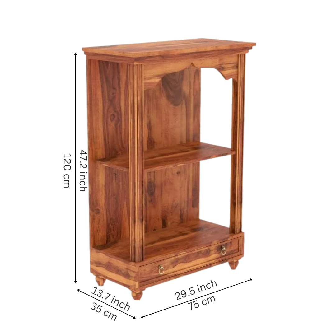 antique wooden temple for home with drawer storage, solid wood mandir with Ganesh idol setup