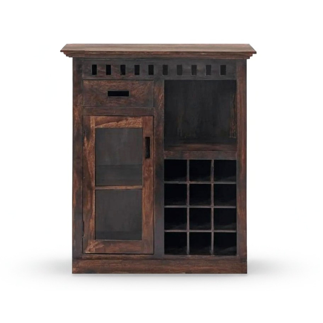 Modern mini bar cabinet with wooden finish, wine bottle storage, glass door, shelves, and home bar storage design.