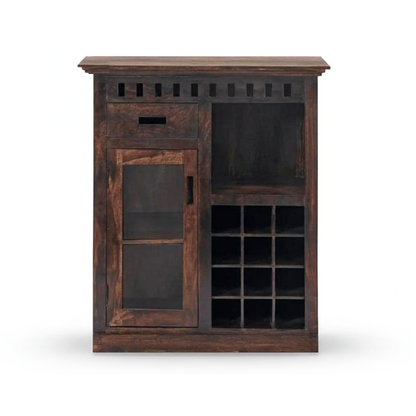 Modern mini bar cabinet with wooden finish, wine bottle storage, glass door, shelves, and home bar storage design.