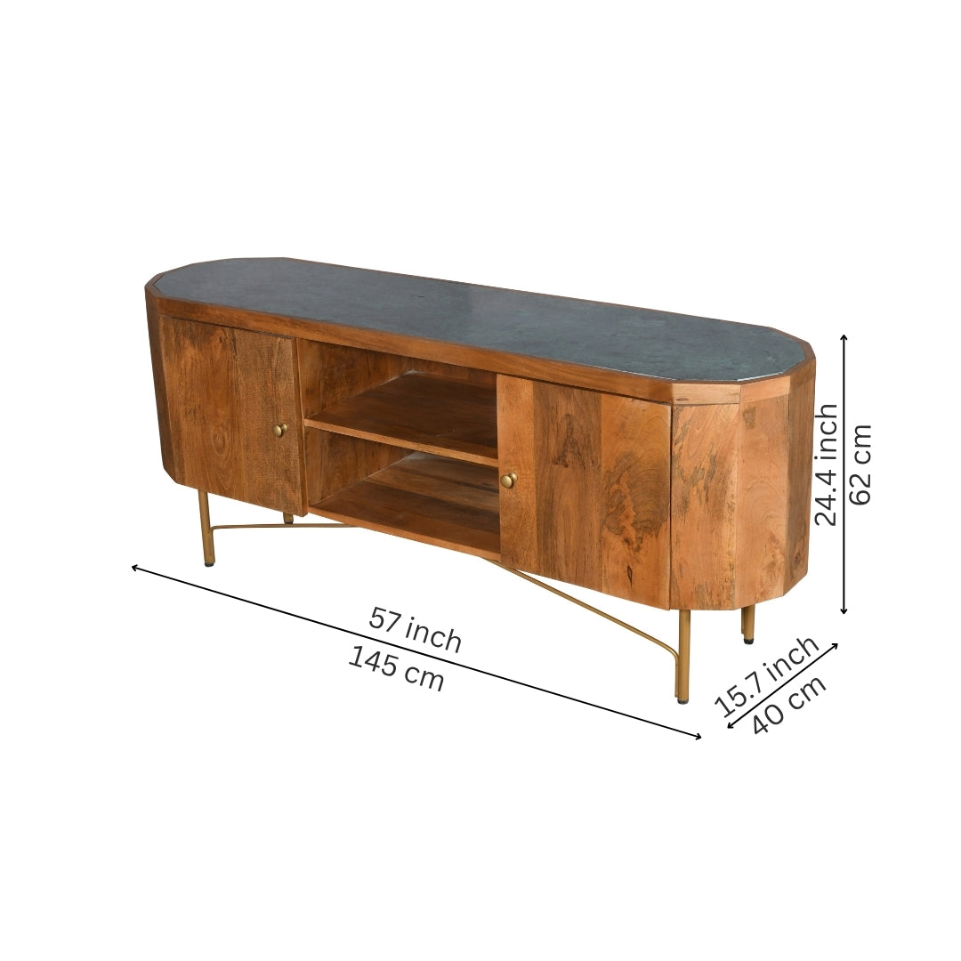 Modern Capsule Wooden TV Unit with granite Top and Gold Legs