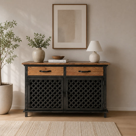 Industrial Iron and Wooden Sideboard with Lattice Doors
