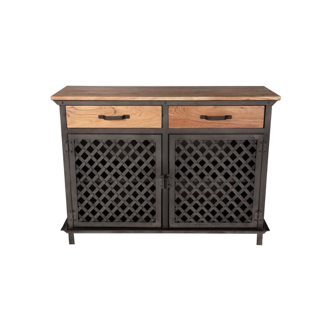 Industrial Iron and Wooden Sideboard with Lattice Doors