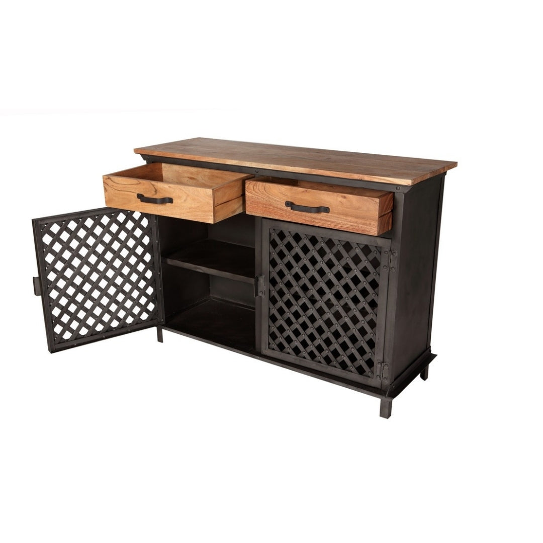 Industrial Iron and Wooden Sideboard with Lattice Doors