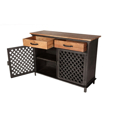Industrial Iron and Wooden Sideboard with Lattice Doors