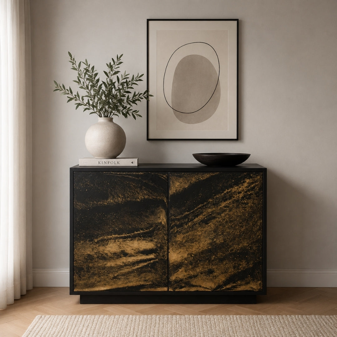 Modern Black Sideboard with Gold Resin Swirl Doors