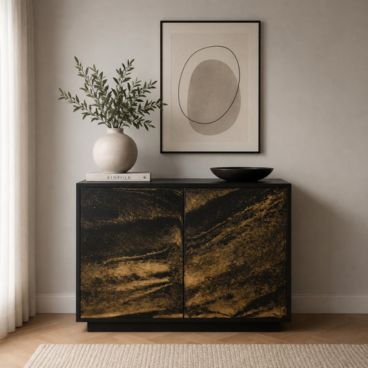 Modern Black Sideboard with Gold Resin Swirl Doors