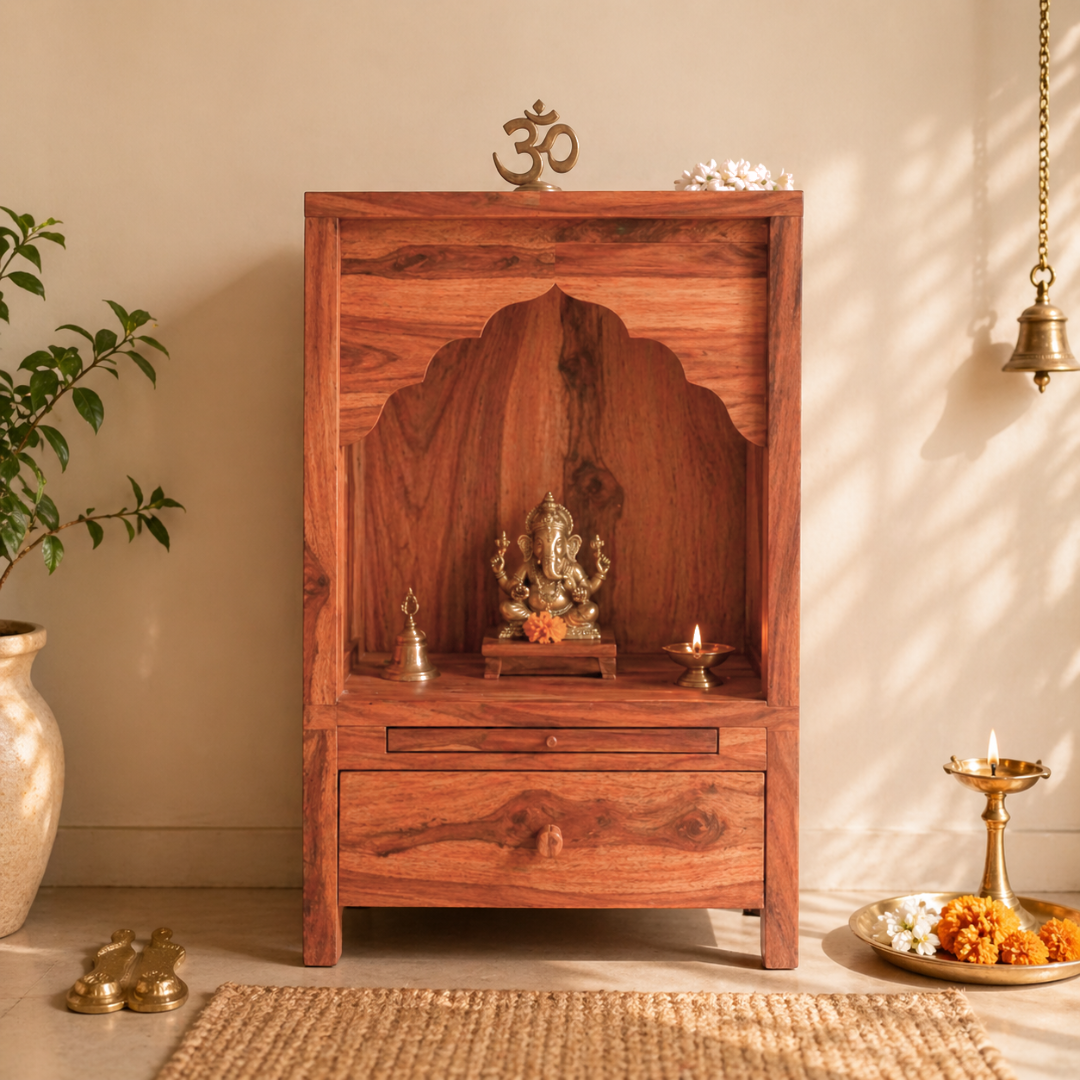 wooden pooja mandir for home with drawer storage, Ganesh idol setup in solid wood temple
