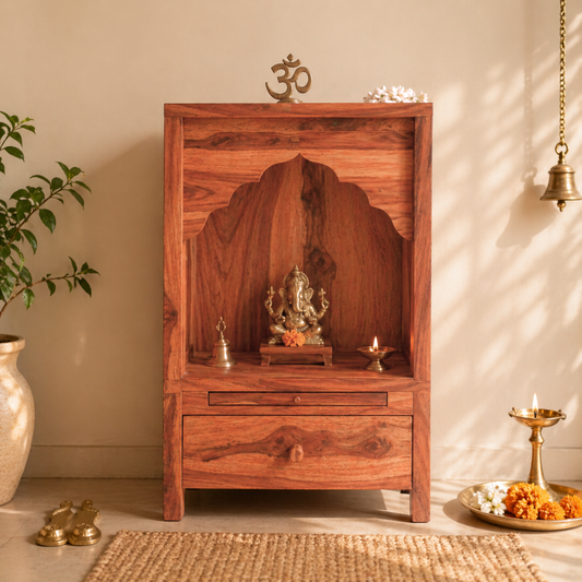 wooden pooja mandir for home with drawer storage, Ganesh idol setup in solid wood temple
