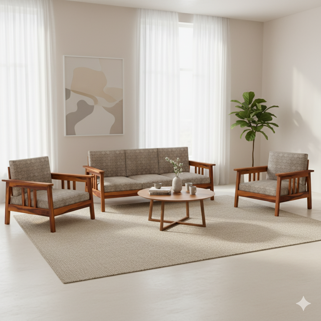 Straight-Arm Wooden Sofa Set in 3+1+1 Seating