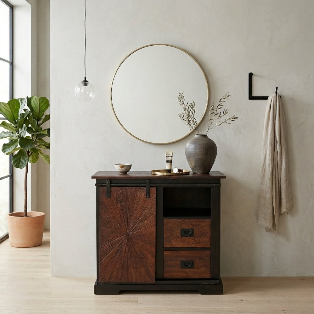 Rustic Sunburst Carved Sideboard with Sliding Barn Door
