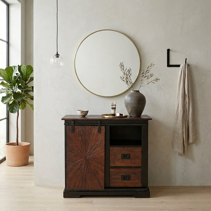 Rustic Sunburst Carved Sideboard with Sliding Barn Door